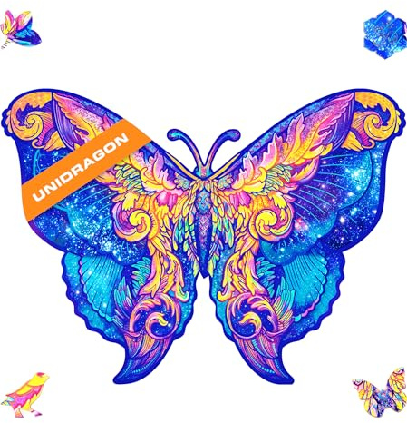 UNIDRAGON Holzpuzzle für Erwachsene - Intergalactic Butterfly - 108 Teile | Small 23 x 17 cm - Einzigartig geformte Puzzleteile - Lasergeschnittenes Holz - Holzgeschenkbox
