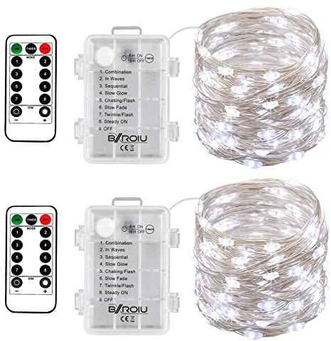 BXROIU 2 x50Leds Silbernedraht Micro Lichterkette Batteriebetrieb 8 Programm, LED (Kaltes Weiß)