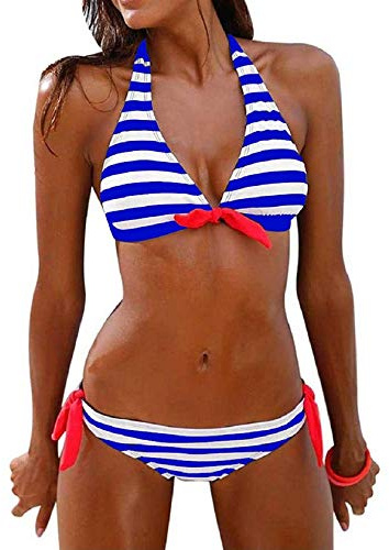 Tuopuda Costumi da Bagno Donna Costume Mare Push Up Imbottito Reggiseno Bikini Due Pezzi Righe Halter Coordinati Sexy Abiti da Spiaggia Brasiliana Bikini Estivi Beachwear