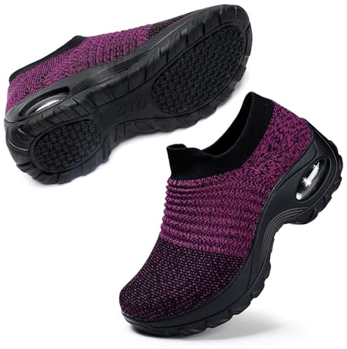 STQ Scarpe Platform Donna Ortopediche Comode Senza Lacci Ginnastica Slip on Sneakers Arch Support Palestra Antiscivolo Fitness Lavoro Traspiranti Nero Viola 36 EU