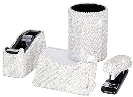 Bling Bling Crystal Luxury Handmade Diamond Pencil Pen Pot Holder & Stapler & Card Holder & Desktop Tape Dispenser for Fashion Girls Women