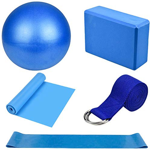 Yoga Fitnessband 5er-Set Gymnastikband Lang Theraband Dehnen und Stretching Pilates Ball Klein Yoga Gurt Sportbänder Gymnastikball Set für Crossfit, Muskelaufbau,Yoga,Pilates Männer/Frauen (Blau)