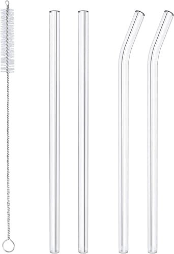 Gems | Glass Straws Reusable Drinking Straws 2 Bent Straws 2 Straight Straws with 1 Cleaning Brush - Perfect for Hot & Cold Drinks - Smoothie Milk Shake Clear Water Juice Party - Pack of 4