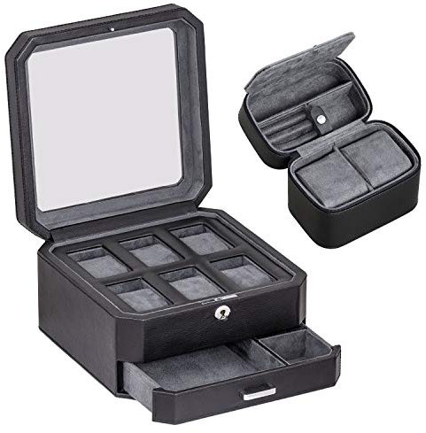 ROTHWELL Geschenkset 6 Slot Leder Uhrenbox und 2 Uhren Reiseetui - Luxus Uhrenetui Organizer, Aufbewahrungsboxen Halter Glasdeckel (Schwarz/Grau Geschenkset)