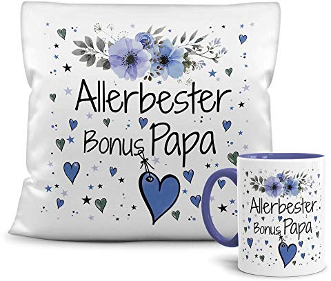 PR Print Royal Geschenk-Set aus Tasse und Kissen mit Füllung - Allerbester Bonus Papa - Persönliche Geschenkidee für Beste Freunde, Verwandte und Familie - weiß/blau