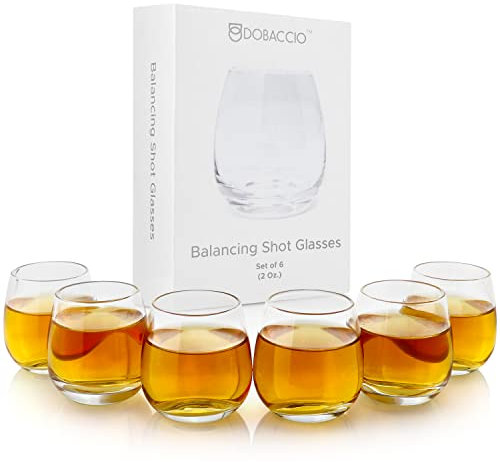 Dobaccio Cool Shot Glasses Set, Round Bottom Balancing Heavy Base Clear Glass, Tequila Vodka Scotch and Liquor Cordial Mini Cups, 2 oz, 6 pcs Gift set