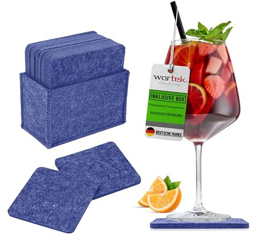 wortek Filzuntersetzer eckig für Gläser – 10er Set mit Aufbewahrungsbox, Glasuntersetzer für Getränke, Tassen, Bar, Glas - Ø 10cm Tischuntersetzer Untersetzer Gläser Blau