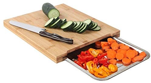 Taylor & Brown Bamboo Organic Wooden Chopping Board Cutting Slicing with Sliding Stainless Steel Tray for Food Prep, Meat, Vegetables & Bread, 35cm x 24cm x 4cm