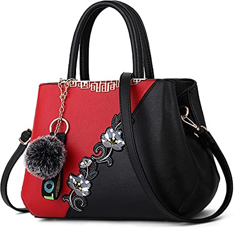 DIRRONA Sac à Main Femme Élégant – Sac Bandoulière Multicolore à Broderie Florale avec Pompon Mignon Imperméable – Idéal pour Le Travail Le Voyage la Soirée Le Mariage Rouge Rubis