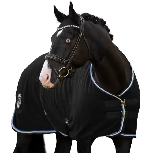 EQUILYX® Abschwitzdecke Pferd mit beidseitig abnehmbaren Kreuzgurten extra dick [perfekte Passform] Fleecedecke Stalldecke Transportdecke wärmend feuchtigkeitsabsorbierend atmungsaktiv (Schwarz,135)