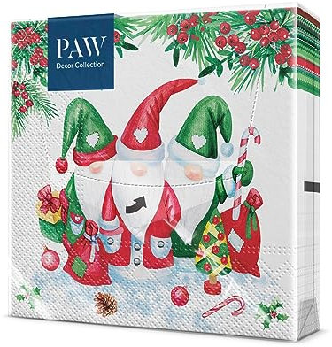PAW - Servietten 3-lagig (33 x 33 cm) I 20 Stück I Papierservietten Bunt Perfekt für den Weihnachtstisch I Servietten - Weihnachten, Winter, Zwerge, Süßigkeiten I Christmas Gnomes