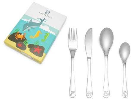 Brillibrum Design Kinderbesteck 4er Set aus Edelstahl Spühlmaschinenfest mit Namen Besteck mit Motiven Kinder Besteck Set (Gravur bis 10 Zeichen, Meerestiere)