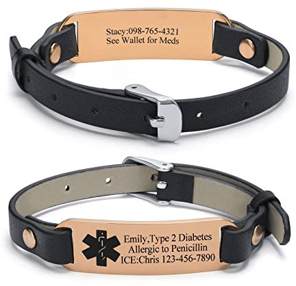 VNOX Medical Alert Bracelets for Men Women with Free Engraving Adjustable Leather Emergency Medical ID Bracelets Wristband,Rose Gold Tag, 8.2 inches, Stainless Steel Leather