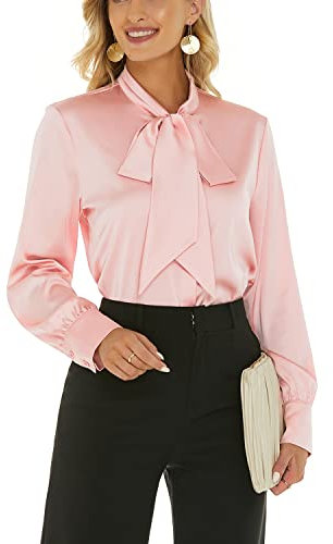 ANNA&CHRIS Escalier Chemisier en Soie à Manches Longues avec nœud sur Le col et Boutons, Haut de Travail décontracté pour Femme, Rose, Taille S