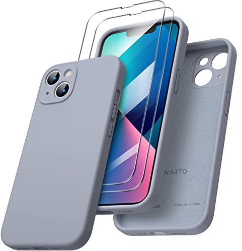 ORNARTO kompatibel mit iPhone 13 Hülle, mit 2 x Schutzfolie flüssigem Silikon Gel Ruber Case Rundumschutz stoßfeste Handyhülle für iPhone 13 Hellgrau