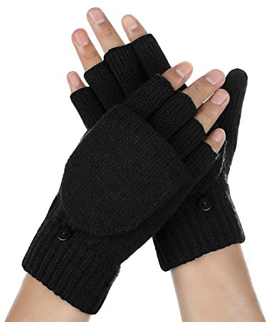 Achiou Fingerlose Winterhandschuhe für Herren und Damen, wandelbare warme Halbfinger-Fäustlinge, Handschuhe, Flip Top, gestrickte Clamshell-Handschuhe, Schwarz, Einheitsgröße