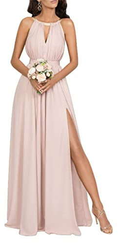 KURFACE Robe de demoiselle d'honneur de mariage pour femme, épaules dénudées, dos nu, robe de soirée formelle plissée avec fente, rose poudré, 42