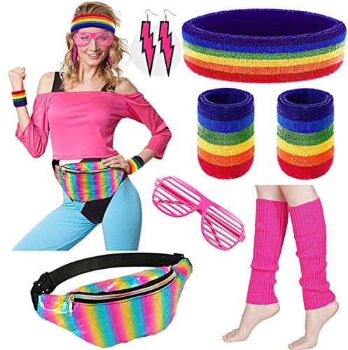 MOVINPE 80er Jahre Workout-Kostüm-Zubehör-Set für Damen, Sport-Bauchtasche, Neon-Stirnband, Armbänder, Beinstulpen, Ohrringe, Rollläden, Brille, Regenbogen, XXL