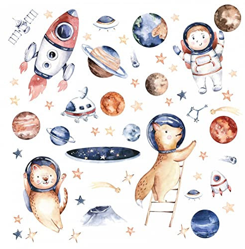 nikima Schönes für Kinder 226 Wandtattoo Weltall Astronaut Rakete und Planeten Größe 1250 x 700 mm - in 6 Größen - Kinderzimmer Sticker Wandaufkleber Wandsticker Wanddeko Wandbild