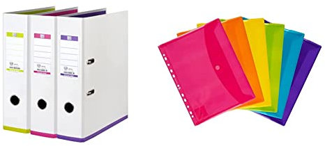 Oxford Ordner A4, MyColour, 8 cm breit, zweifarbig weiß sortiert, 3 Stück & Dokumenten-Mappen A4, Taschen mit Klett-Verschluss, zum Abheften, sortiert, 6er Pack
