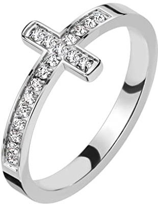 Paula & Fritz® Ring Damen Silber Kreuz Zirkonia Klar 316L Chirurgenstahl Größe 54 (17,2) 9,1-mm breit Damenring Herrenring Partnerring Religion Glaube