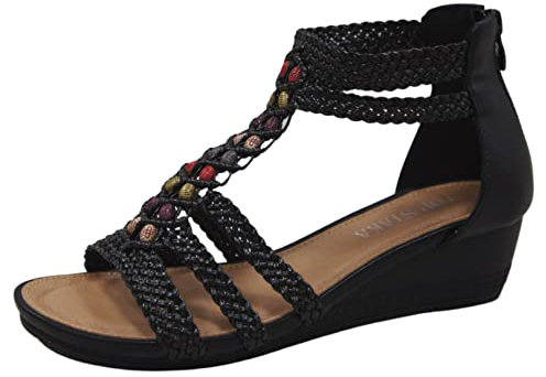 IVACHY Women's Summer Braided Strappy Beaded Flowery Espadrille Wedge Sandals
