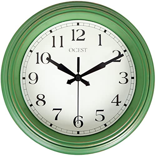 OCEST Reloj de pared de cocina verde retro, 9 pulgadas, silencioso, sin tictac, funciona con pilas, decorativo para el hogar, reloj de pared de cuarzo, oficina, sala de lectura