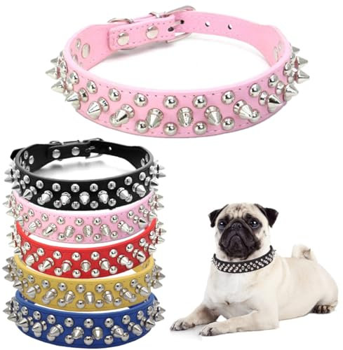 Collier à pointes cloutées pour chien en cuir à rivets réglables pour chiens de petite, moyenne et grande taille, rose, taille L