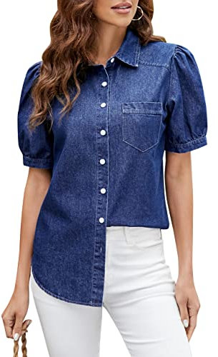 BMJL Womens Denim Shirt Business Casual Button Down Work Blouses Puff Sleeve Summer Tops, Dark Blue, XL