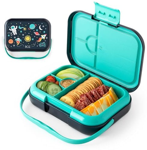 BOZ Bento Box Kinder – Brotdose Kinder mit Fächern (4 Stück) – Lunchbox Kinder - Brotzeitbox Kindergarten – Vesperbox – Jausenbox - Auslaufsicher - Frei von BPA - Weltraum