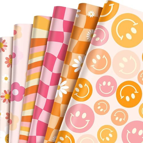 12 Blatt Boho Geschenkpapier Retro Groovy Geschenkpapier Smiley Gesicht Blumen Gänseblümchen Muster Geschenkpapier für Babyparty Geburtstag Hochzeit DIY Handwerk Geschenkverpackung