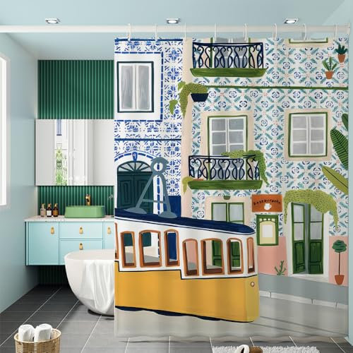 TORYVERESS Italienischer Duschvorhang, Polyester, Badezimmer-Vorhänge mit Haken, Morandi-Stil, abstrakt, bunt, dekorativ, luxuriös, wasserdicht, Stoff für Bad, Lissabon, 152,4 x 183,9 cm