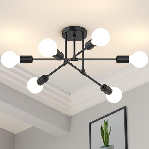 Phaosio Black Sputnik Chandelier 6 Light, 22 Mid Century Modern Ceiling Light Fixture, Industrial Semi Flush Mount for Dining Room Bedroom Kitchen, E26 Base