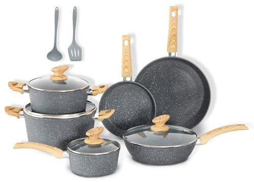DishDelight Juego de ollas y sartenes antiadherentes de inducción, juegos de utensilios de cocina de 12 piezas, juego de sartenes antiadherentes de granito, gris