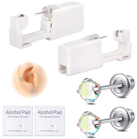 AVYRING Ohr-Piercing-Pistole Kit, selbst Einweg-Ohr-Piercing-Kit 316L chirurgischem Edelstahl mit kubischem Zirkoniumdioxid, zu Hause selbst Ohr-Piercer Kit Werkzeug mit 4mm Regenbogen CZ Stud