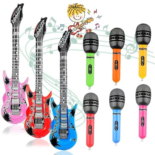 6pcs Inflatable Guitar Microphone Balloon, 9.8inch Inflatable Guitar 21.6inch Microphone Balloon, Inflatable Musical Instrument Balloons Rock Star Toy, Party Decoration Birthday Festival Carnival Gift