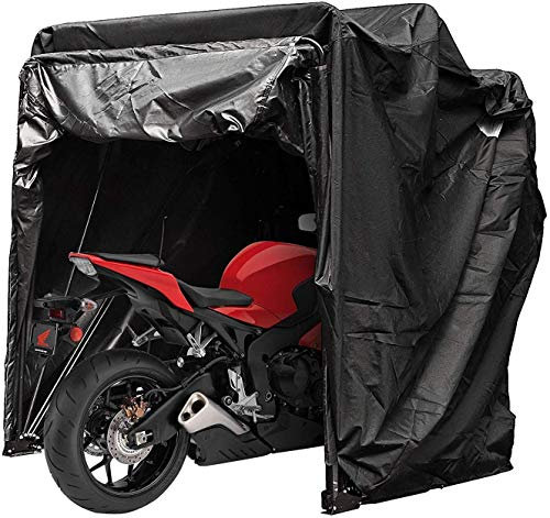 RajoNN Motorcycle Cover Shelter Storage Waterproof Motorbike Storage Tent Oxford 600D Black Color Motorcycle Shelter Shed with TSA Code Lock & Carry Bag (Black Color with Lock)