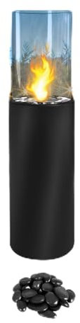 LARS360 Chimenea redonda de pie con etanol, chimenea de jardín con cubierta de extintor, guante antiquemaduras, protección contra el polvo y piedras decorativas, chimenea de bioetanol para exteriores