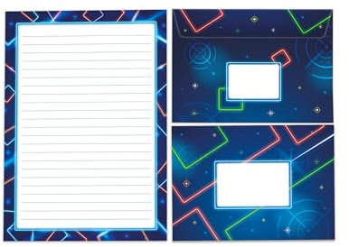 Briefpapier-Set Schreibblock liniert mit Umschlag für Mädchen Jungen Kinder Erwachsene Laser Strahl Licht neon (1 Block A5 mit 25 Blättern + 15 passend bedruckte Briefumschläge)