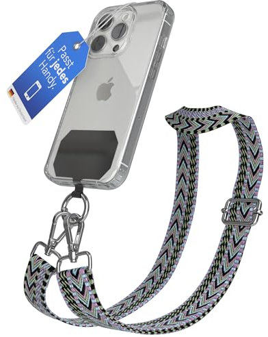 EAZY CASE - Handykette Universal zum Umhängen kompatibel mit jedem Handy Kette mit Hülle kombinierbar Handykordel mit Karabiner für Handyhülle Handyband zum Umhängen Bunt Boho Kordel Violett Grün