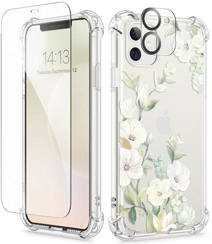 GVIEWIN Compatible with iPhone 11 Case 6.1'' 2019, with Screen Protector+Camera Lens Protector, Non-Yellow Flower Clear Soft TPU Slim Bumper Shockproof Protective Phone Cover, Hibiscus/Green