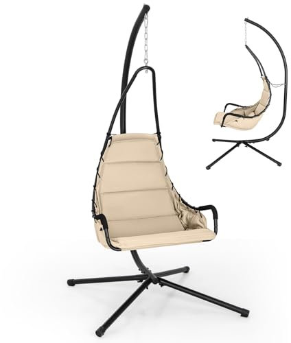 KOMFOTTEU Hängesessel mit Getell, Hängemattenstuhl mit gepolstertem Sitz, Schaukelstuhl Hängestuhl max 120 kg belastbar, Hängesessel Hängekorb für Garten Terrasse (Beige)