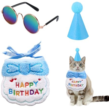 Lot de 3 pièces pour animaux domestiques – bavoirs, chapeau d'anniversaire et lunettes – Set de décorations pour chats et chiens, pour fêtes