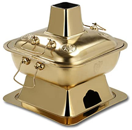 holzkohle chinesische kochsuppe alt， Hot Pot Vintage Kupfer Shabu Topf Pfanne 304 Edelstahl Chinesischer Hot Pot Kocher mit Kamin for Zuhause Restaurant Party Kochgeschirr(Gold,36cm)
