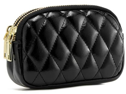 QIUTIMIY Borsa piccola in pelle da donna Portamonete portamonete con doppia tasca con cerniera con portachiavi,Nero trapuntato