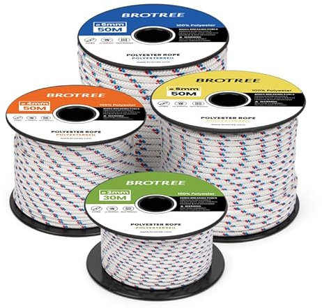 Brotree Corda in Poliestere 4mm x 30m Bianco/Blu/Rosso in Bobina - Corda Intrecciata Multiuso per Esterno, Nautica, Ormeggio, Giardino, Drizza - 300KG Carico di Rottura