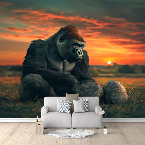 Papier Peint Panoramique Gorille À Imprimé Animalier Coucher De Soleil Jaune Peinture Murale Papier Peint 3D Fresque Salon Chambre, 400x280 cm