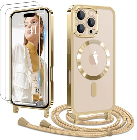 Ethanger Coque pour iPhone 16 Pro Max avec Cordon de Collier + 2×Verre Trempé, Coque Transparente TPU Bumper Silicone Etui Housse avec Cordon Réglable, Coque Magnétique pour iPhone 16 Pro Max Gold