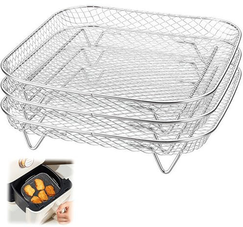 3 griglie quadrate per friggitrice ad aria, 21 x 21 x 4 cm Ripiani Friggitrice d'Aria Grill Rack Griglia Multifunzionale in Acciaio Inox Accessori per maggiore spazio di cottura e facile da pulire