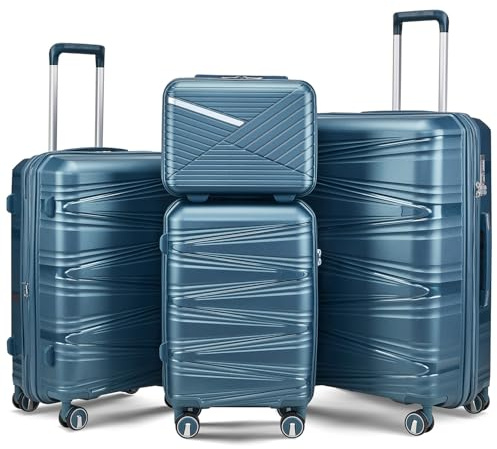 TRAVELEO 4 Piece Luggage Set PP Hardshell, Expandable Suitcase Set (20/24/28) with 14 Cosmetic Case, Lightweight Spinner Wheels with TSA Lock, Detachable Wheels for Nesting Storage (Peacock Blue)